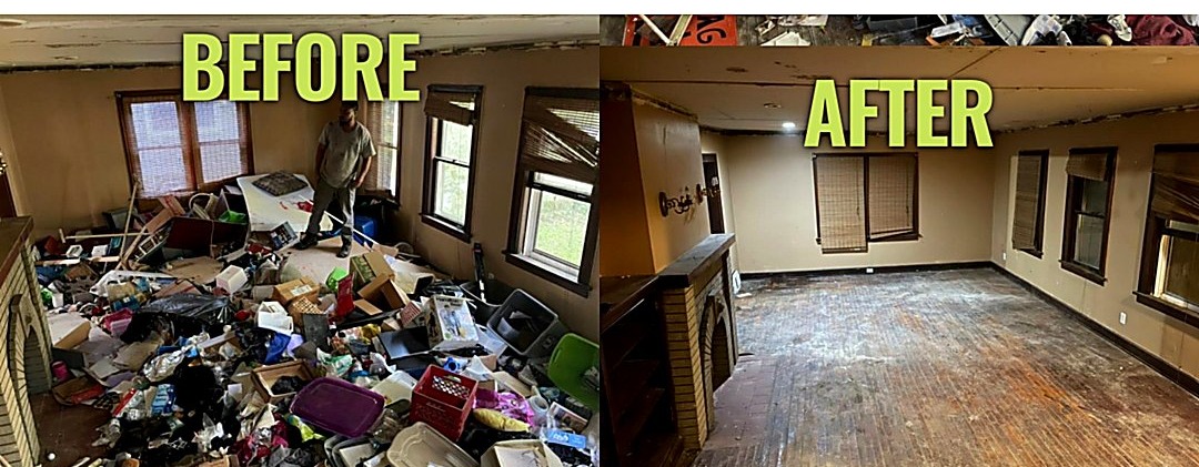Junk-filled room before removal and the cleared room afterward