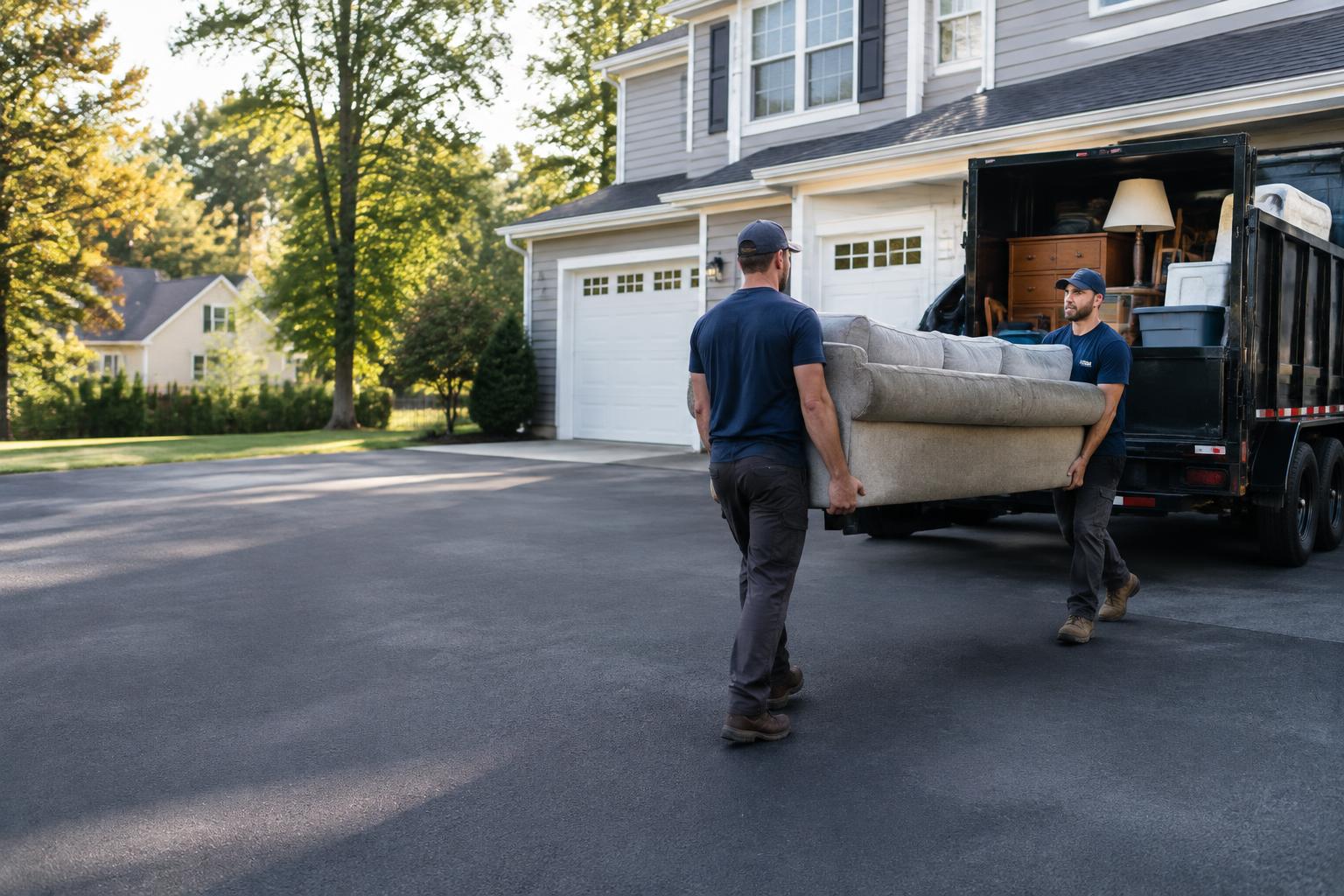Junk removal crew loading a sofa into a dump trailer